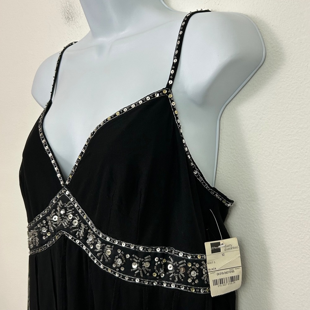 VTG MixIT Black Sequin Beaded Empire‎ Waist Mesh Overlay Dress Womens 12 NEW - Picture 2 of 15